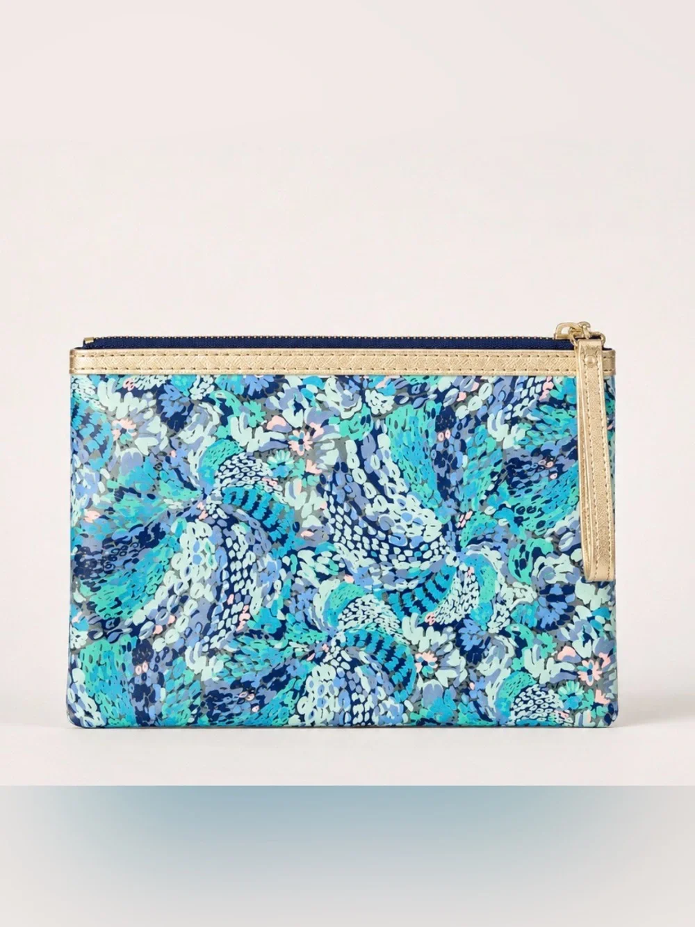 Lilly Pulitzer Teal & Blue Floral Zip Cosmetic Pouch with Gold Trim